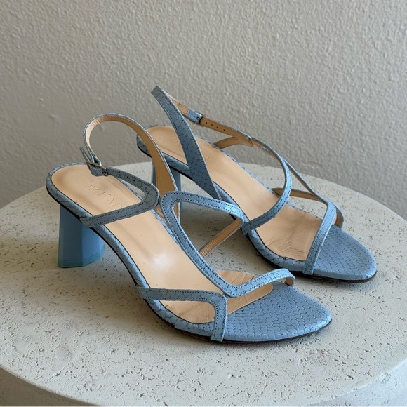 BY FAR Shoes - BY FAR Brigette pastel blue leather snake print sandals, size 36.